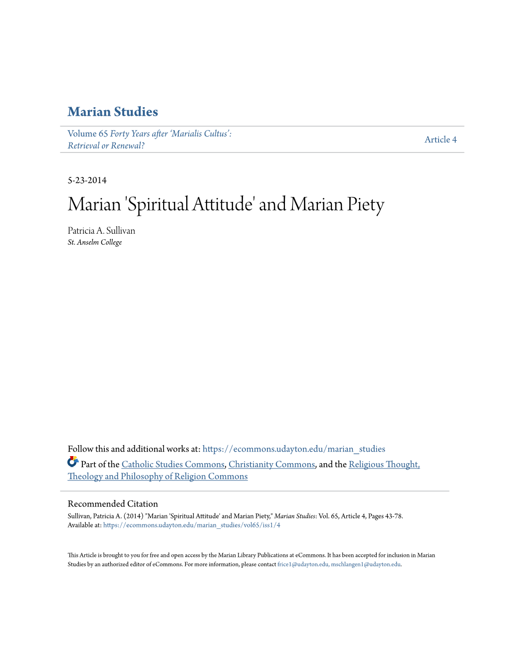 Marian Studies Volume 65 Forty Years After ‘Marialis Cultus’: Article 4 Retrieval Or Renewal?