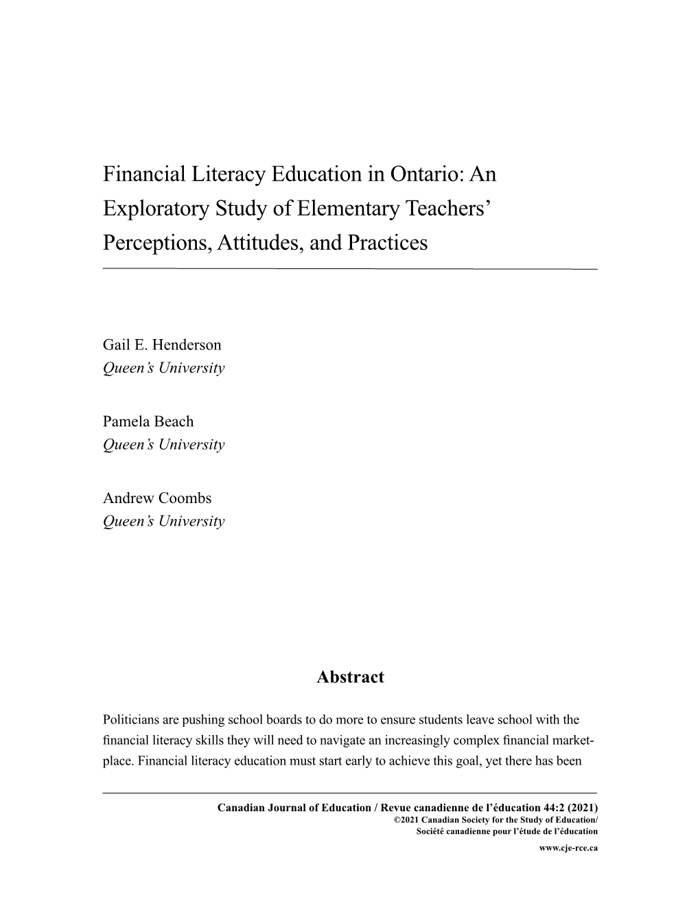 Financial Literacy Education in Ontario: an Exploratory Study of Elementary Teachers’ Perceptions, Attitudes, and Practices