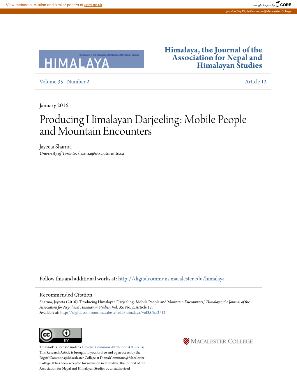 Producing Himalayan Darjeeling: Mobile People and Mountain Encounters Jayeeta Sharma University of Toronto, Sharma@Utsc.Utoronto.Ca