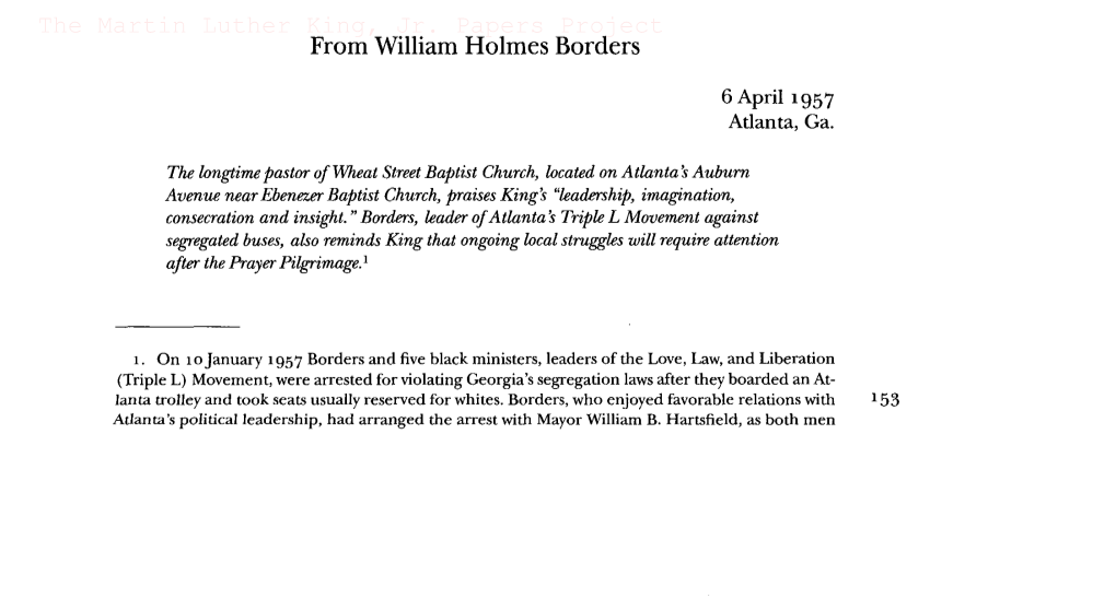 From William Holmes Borders the Martin Luther King, Jr. Papers Project