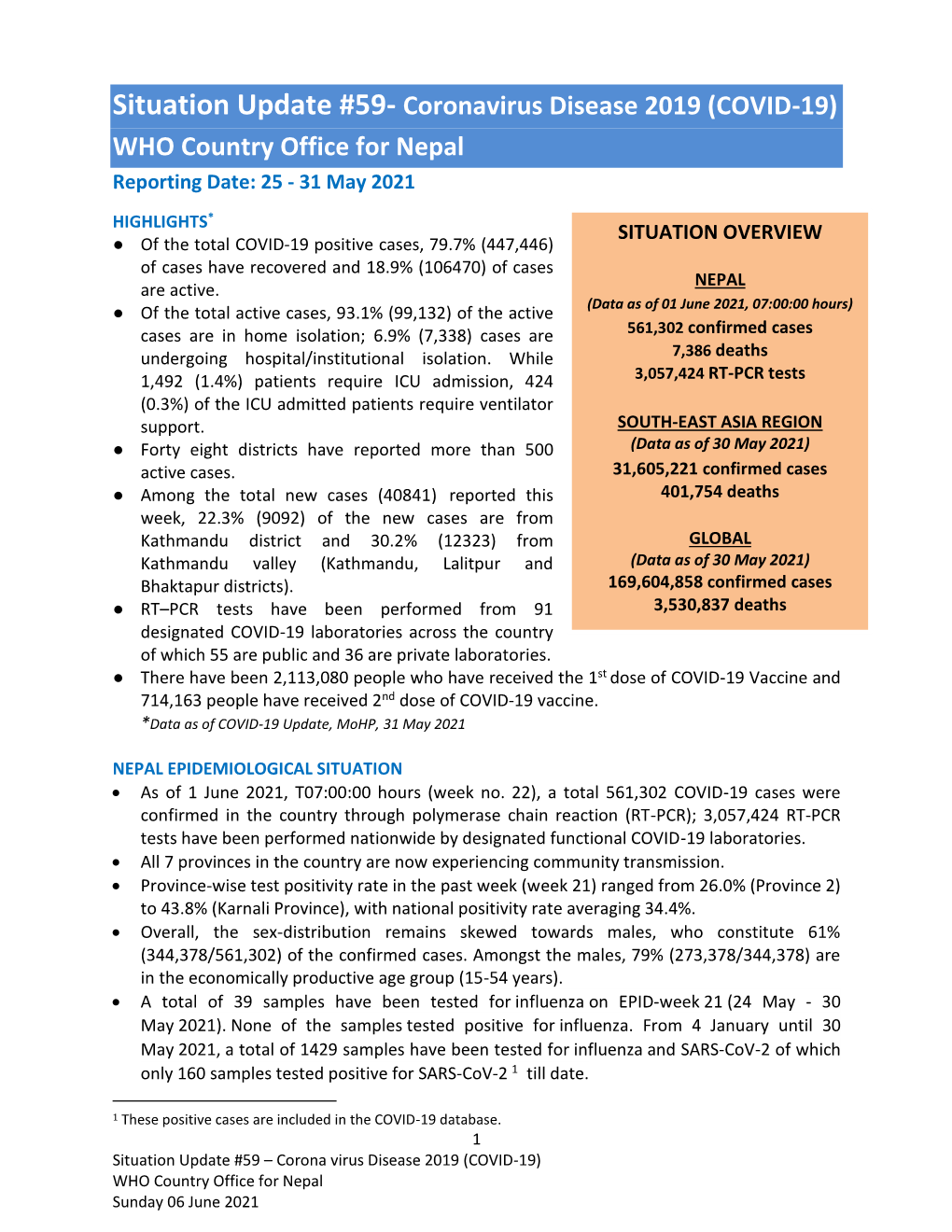 Situation Update #59- Coronavirus Disease 2019 (COVID-19) WHO Country Office for Nepal Reporting Date: 25 - 31 May 2021