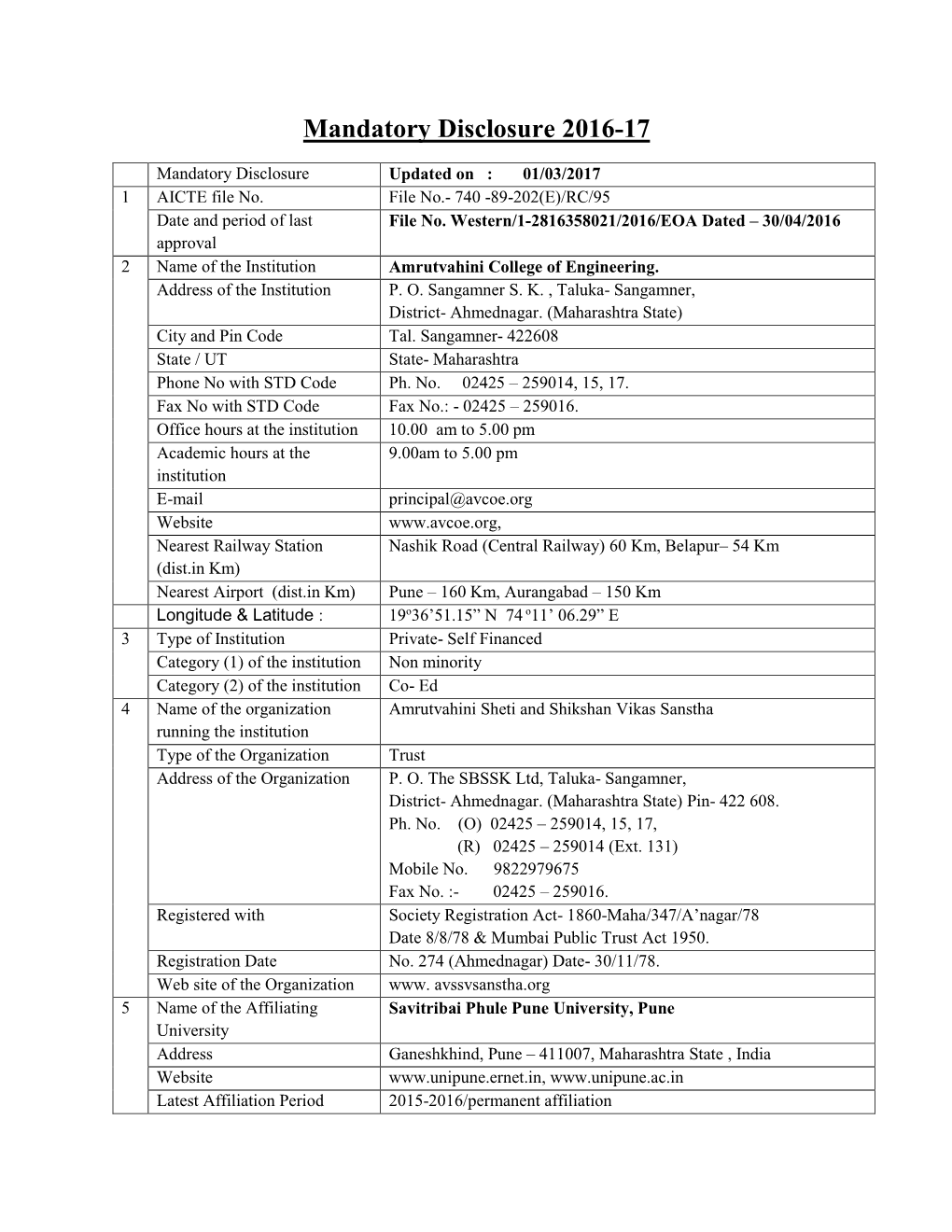 Mandatory Disclosure 2016-17