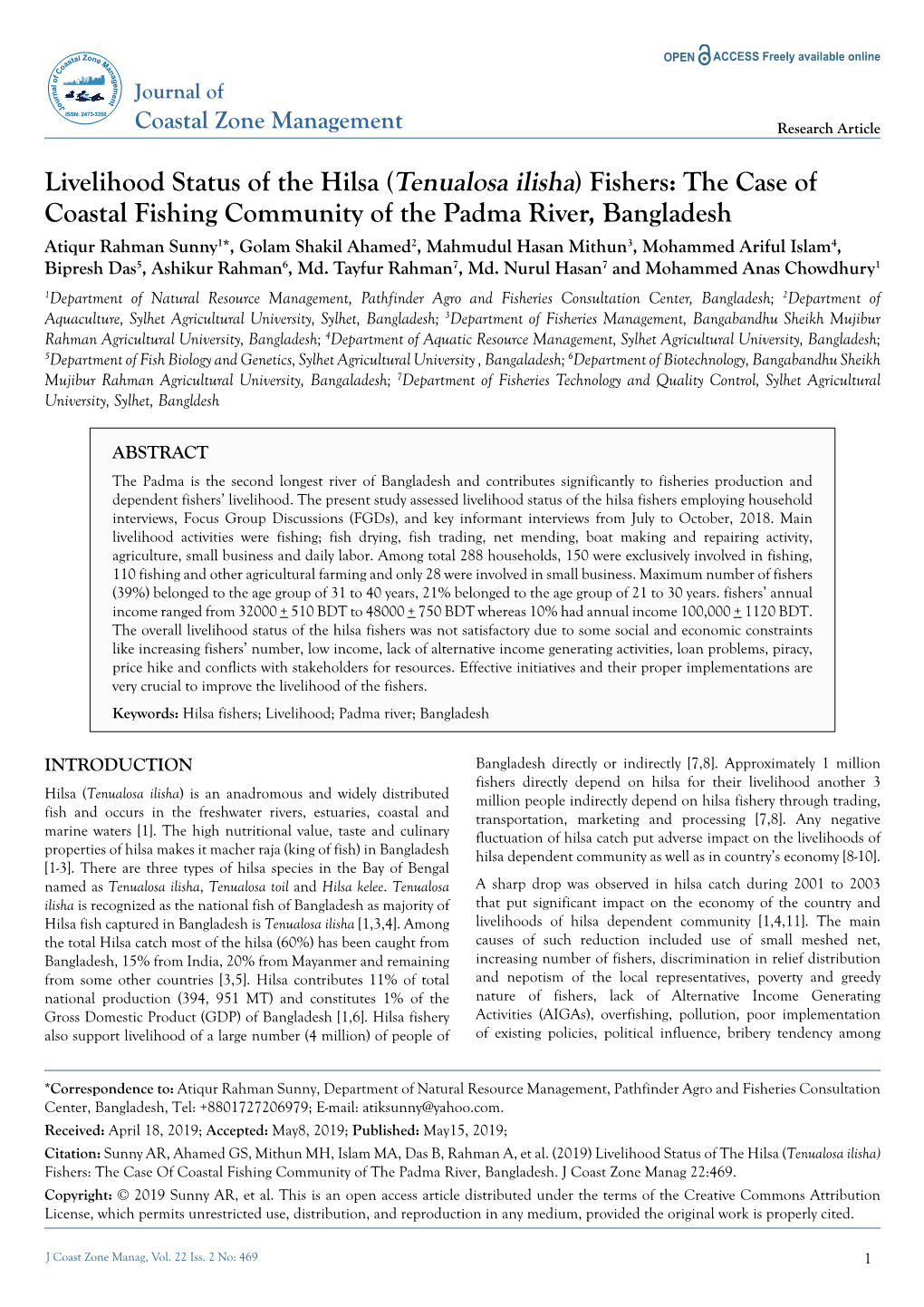 Livelihood Status of the Hilsa (Tenualosa Ilisha) Fishers: The