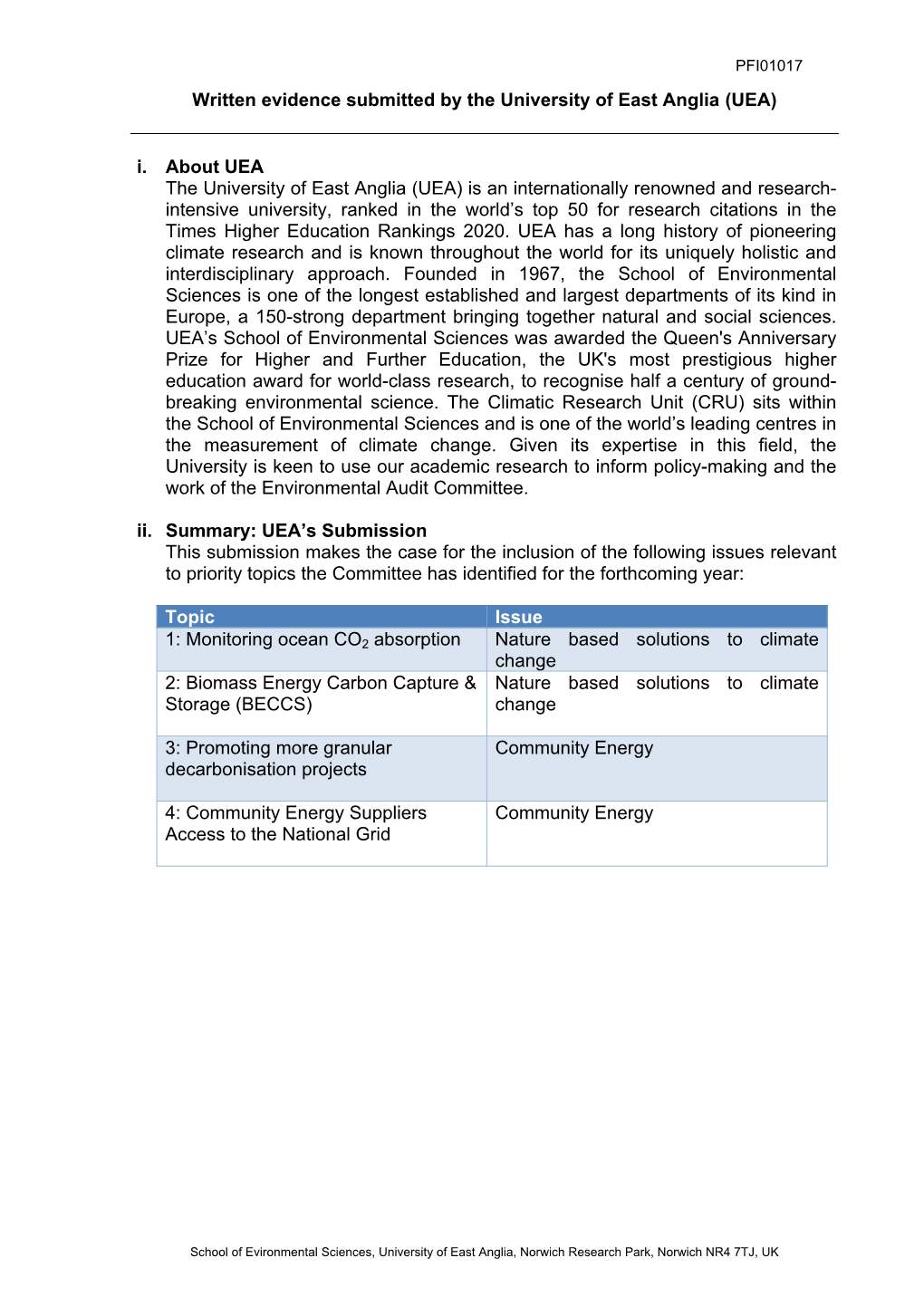 Written Evidence Submitted by the University of East Anglia (UEA) I