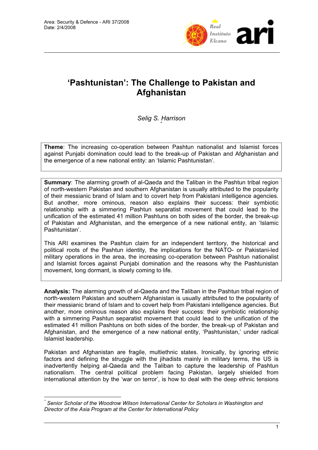 'Pashtunistan': the Challenge to Pakistan and Afghanistan