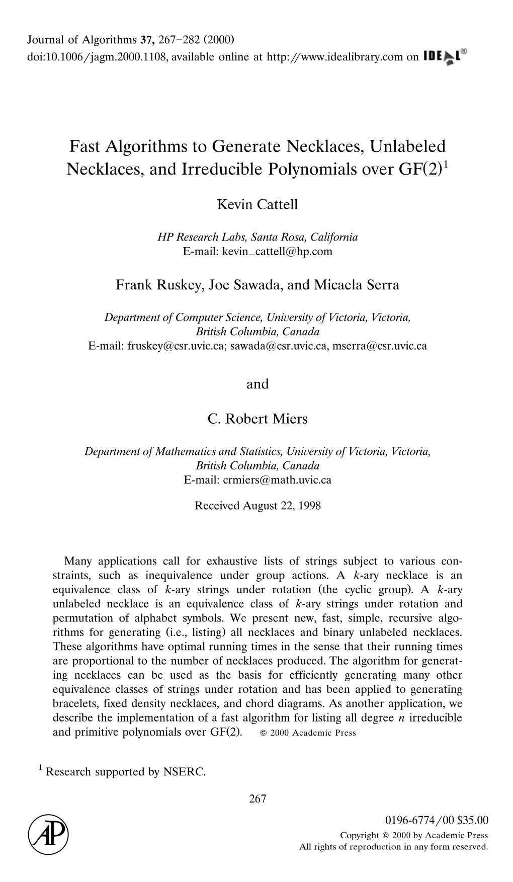 Fast Algorithms to Generate Necklaces, Unlabeled Necklaces, and Irreducible Polynomials Over GF(2)