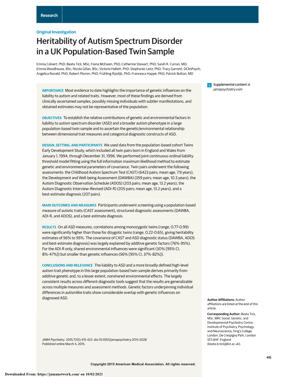 Heritability of Autism Spectrum Disorder in a UK Population-Based Twin Sample