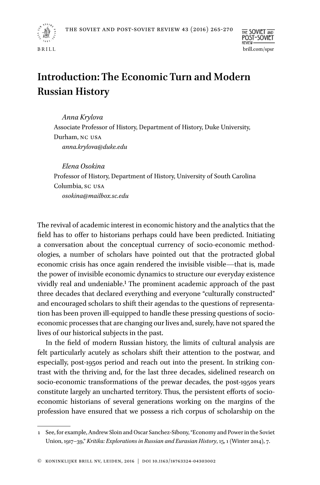 Introduction: the Economic Turn and Modern Russian History