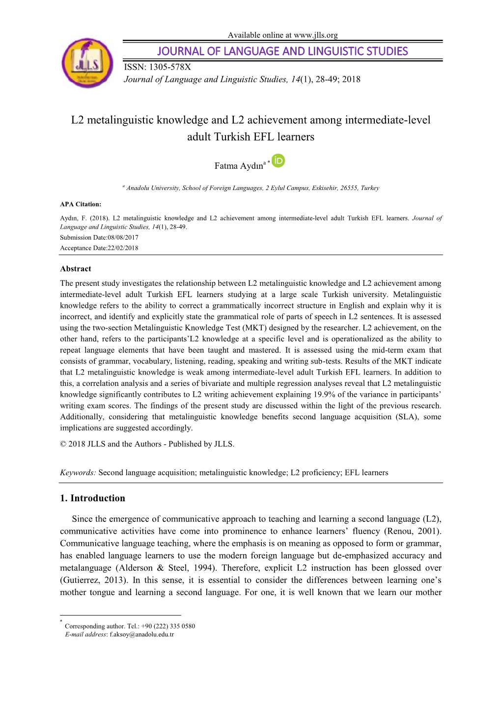 L2 Metalinguistic Knowledge and L2 Achievement Among Intermediate-Level Adult Turkish EFL Learners