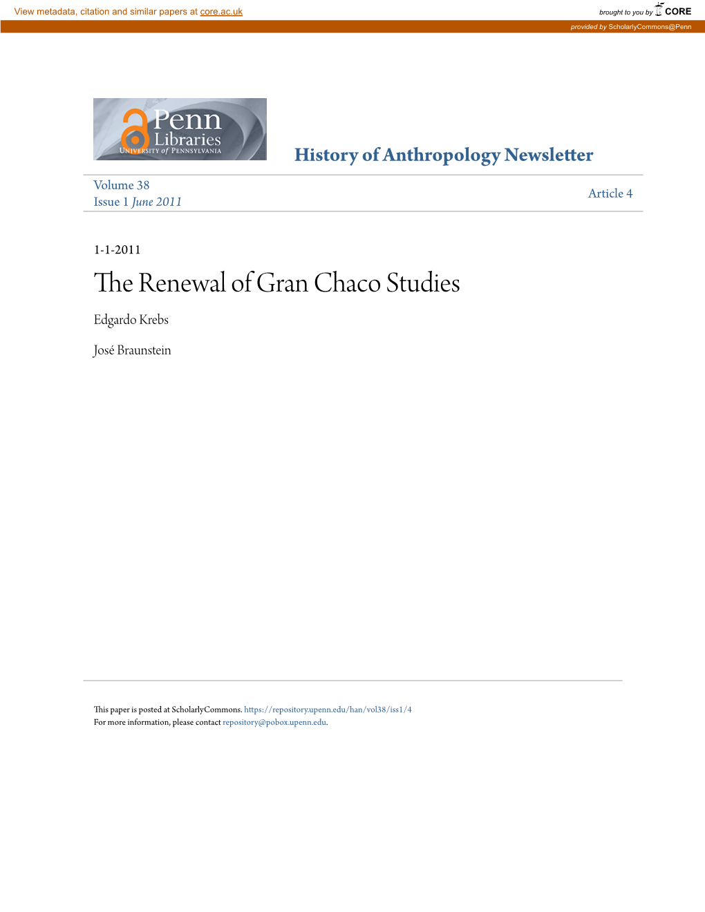 The Renewal of Gran Chaco Studies Edgardo Krebs