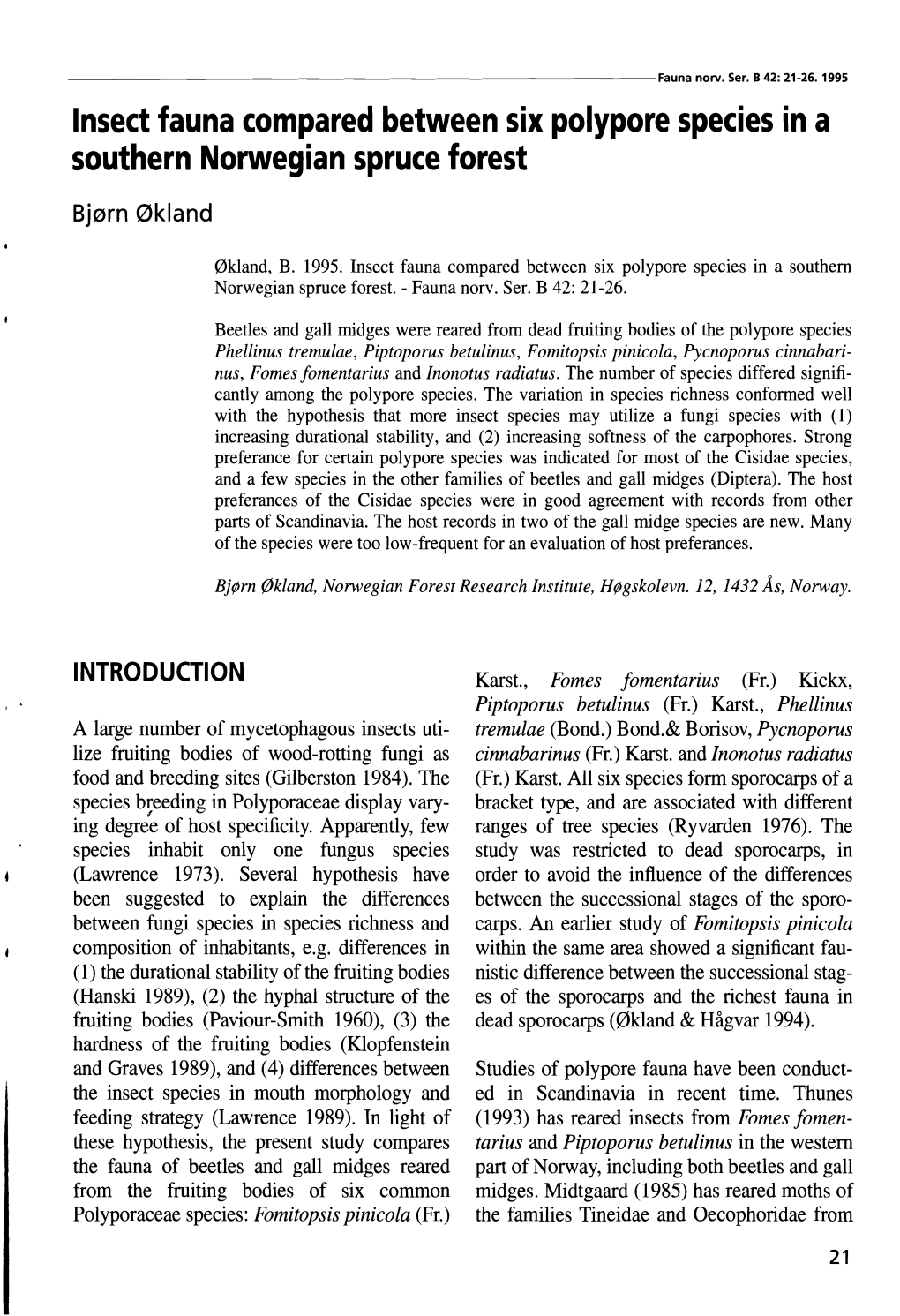 Insect Fauna Compared Between Six Polypore Species in a Southern Norwegian Spruce Forest