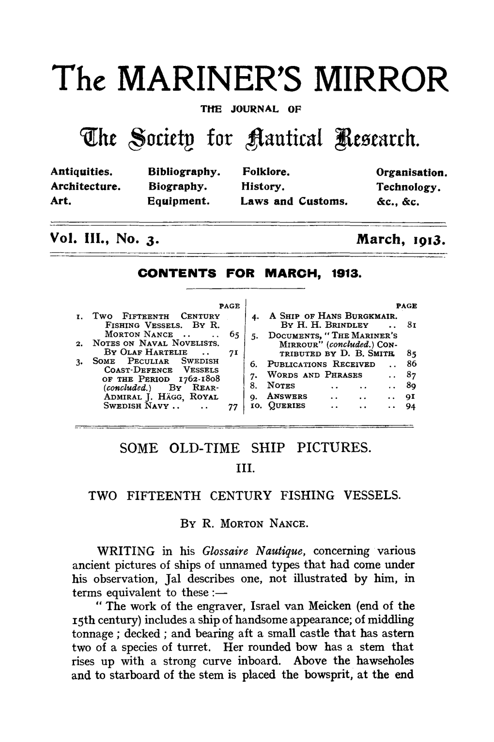 The MARINER's MIRROR the JOURNAL of ~Ht ~Ocitt~ for ~Autical ~Tstarch