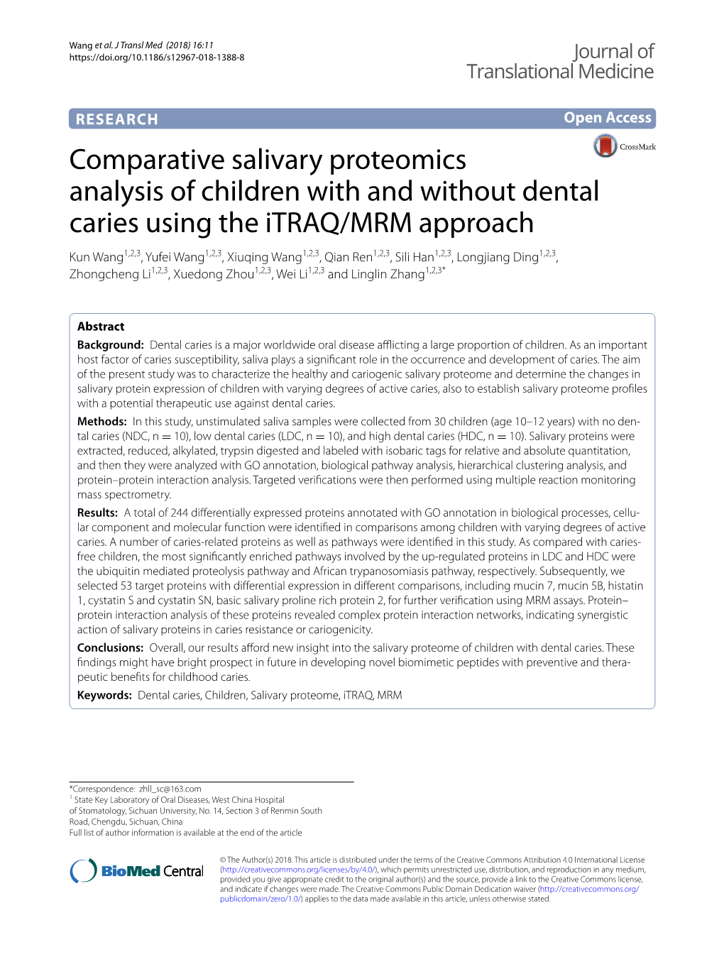 Comparative Salivary Proteomics Analysis of Children with and Without Dental Caries Using the Itraq/MRM Approach