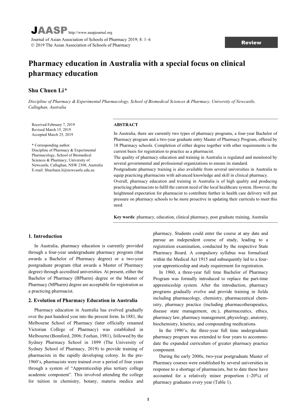 Pharmacy Education in Australia with a Special Focus on Clinical Pharmacy Education