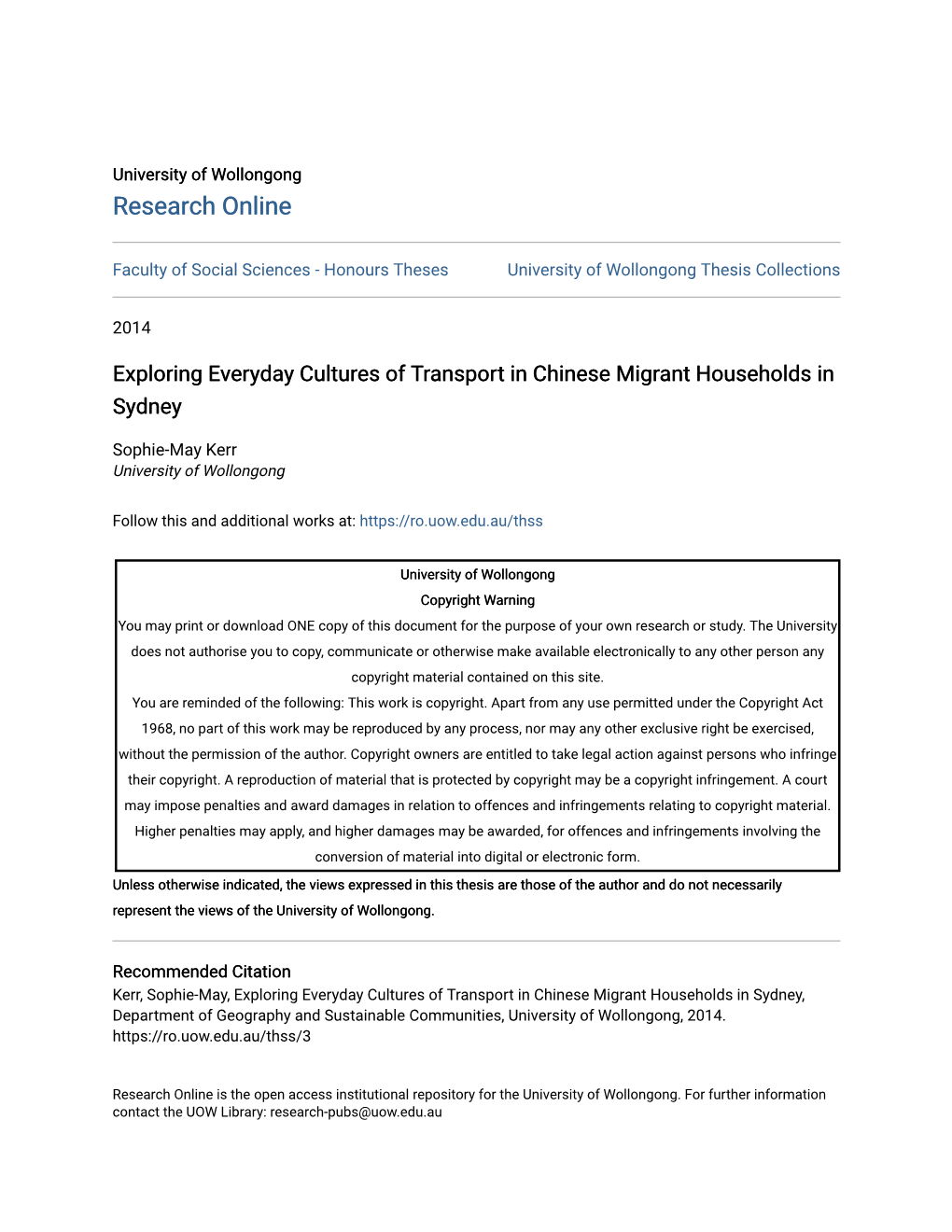 Exploring Everyday Cultures of Transport in Chinese Migrant Households in Sydney