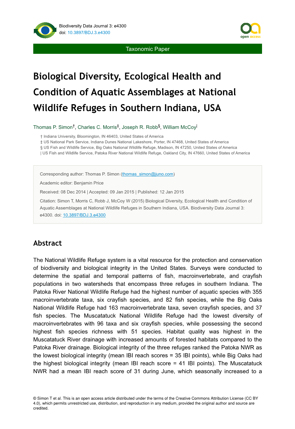 Biological Diversity, Ecological Health and Condition of Aquatic Assemblages at National Wildlife Refuges in Southern Indiana, USA