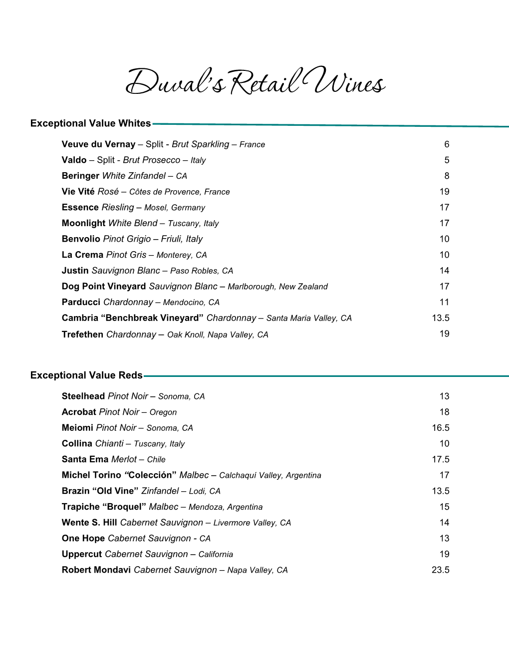 Duval's Retail Wines