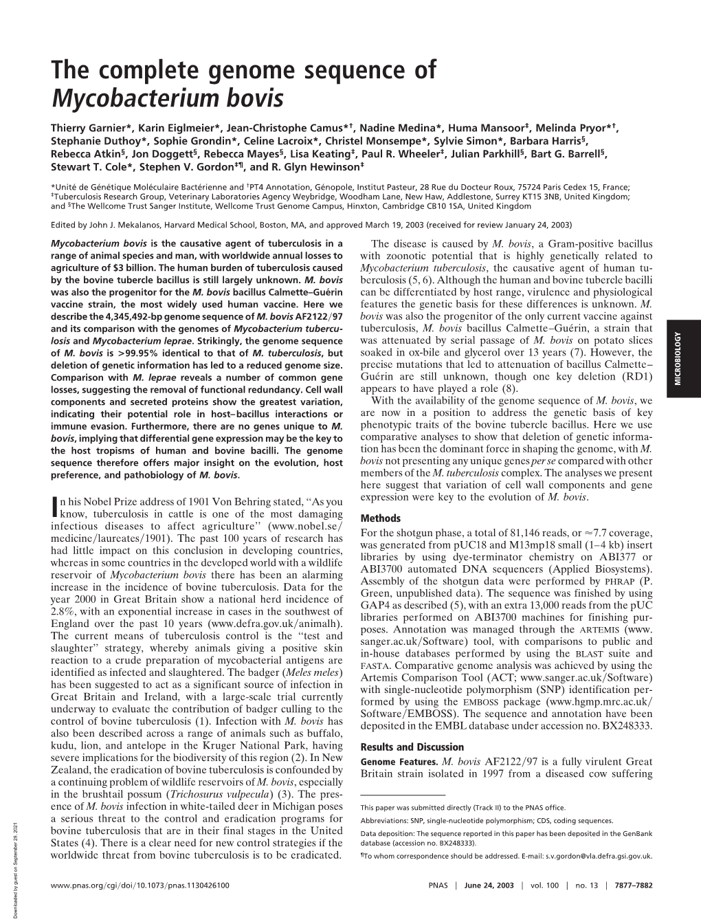 The Complete Genome Sequence of Mycobacterium Bovis