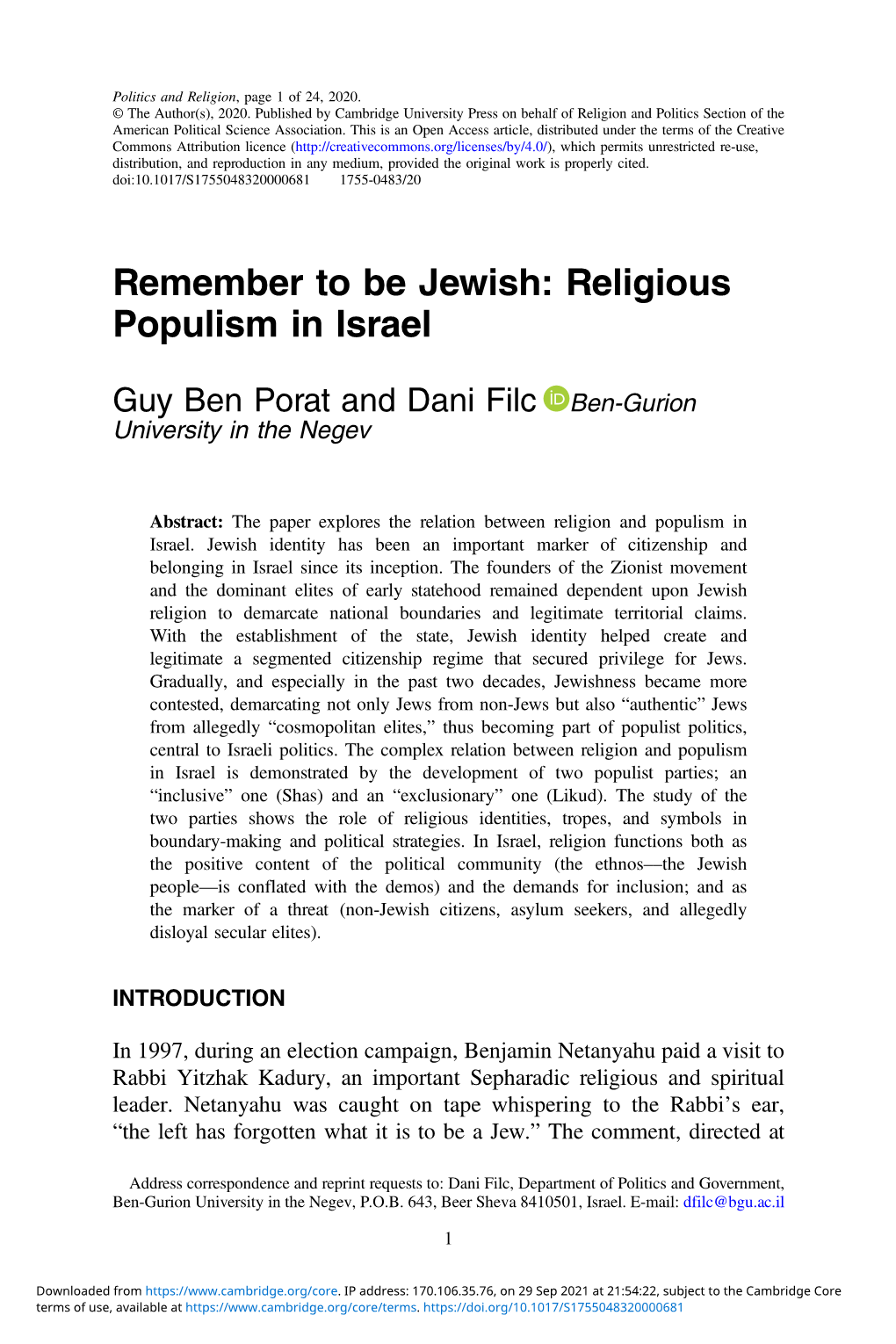 Remember to Be Jewish: Religious Populism in Israel