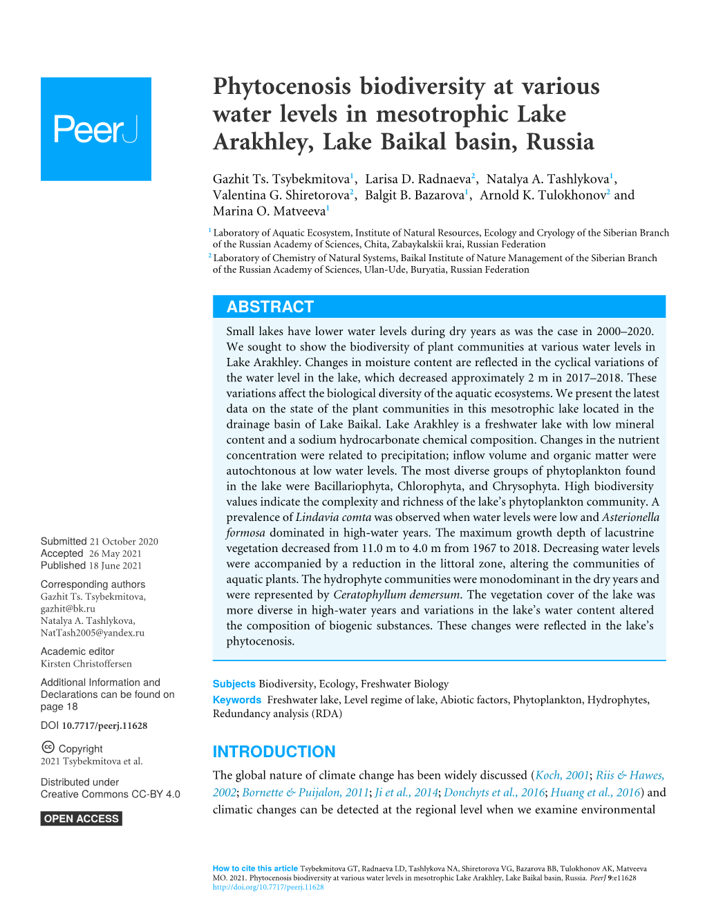 Phytocenosis Biodiversity at Various Water Levels in Mesotrophic Lake Arakhley, Lake Baikal Basin, Russia