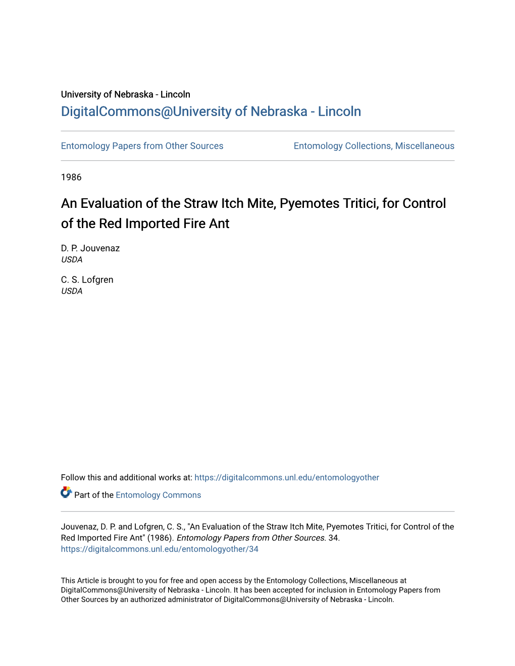 An Evaluation of the Straw Itch Mite, Pyemotes Tritici, for Control of the Red Imported Fire Ant
