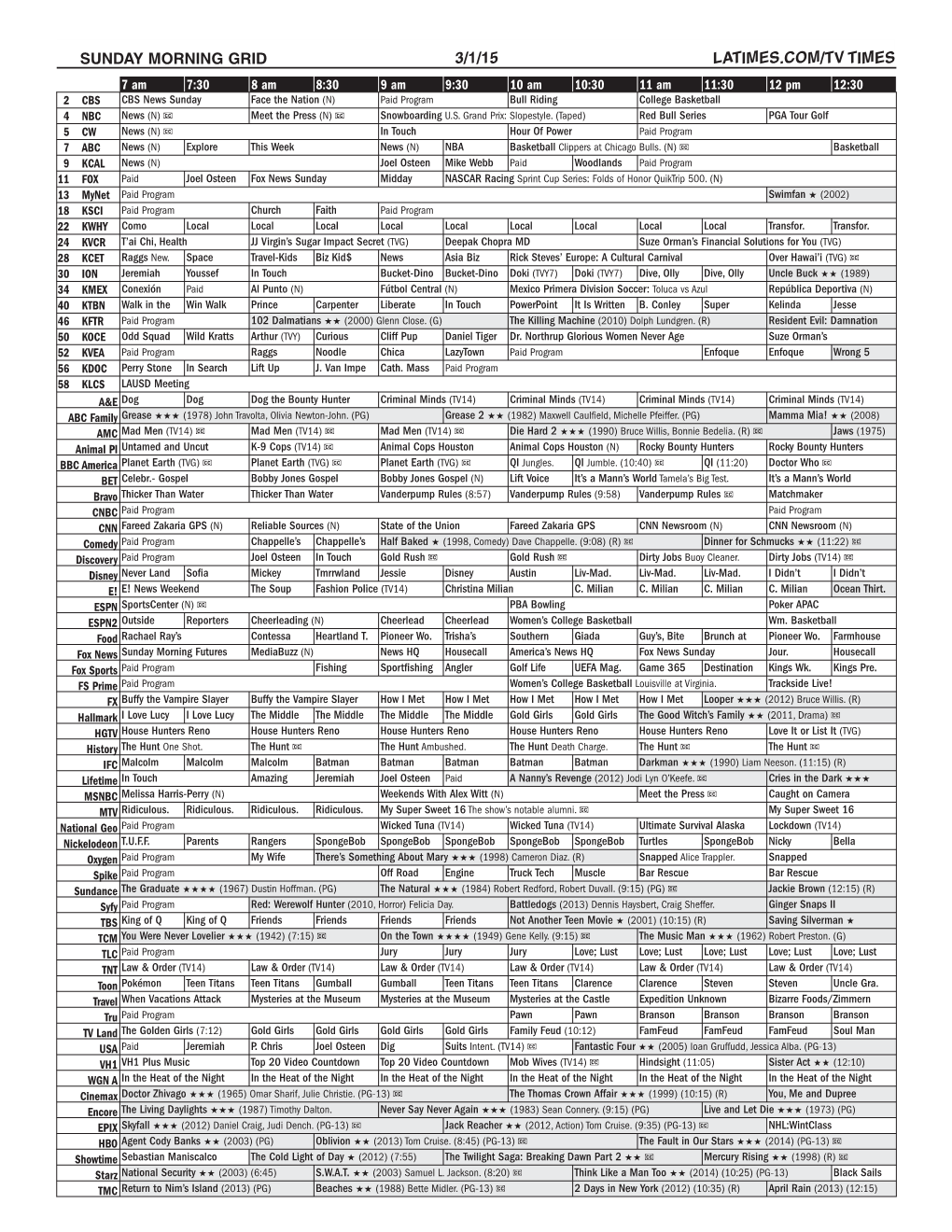 Sunday Morning Grid 3/1/15 Latimes.Com/Tv Times