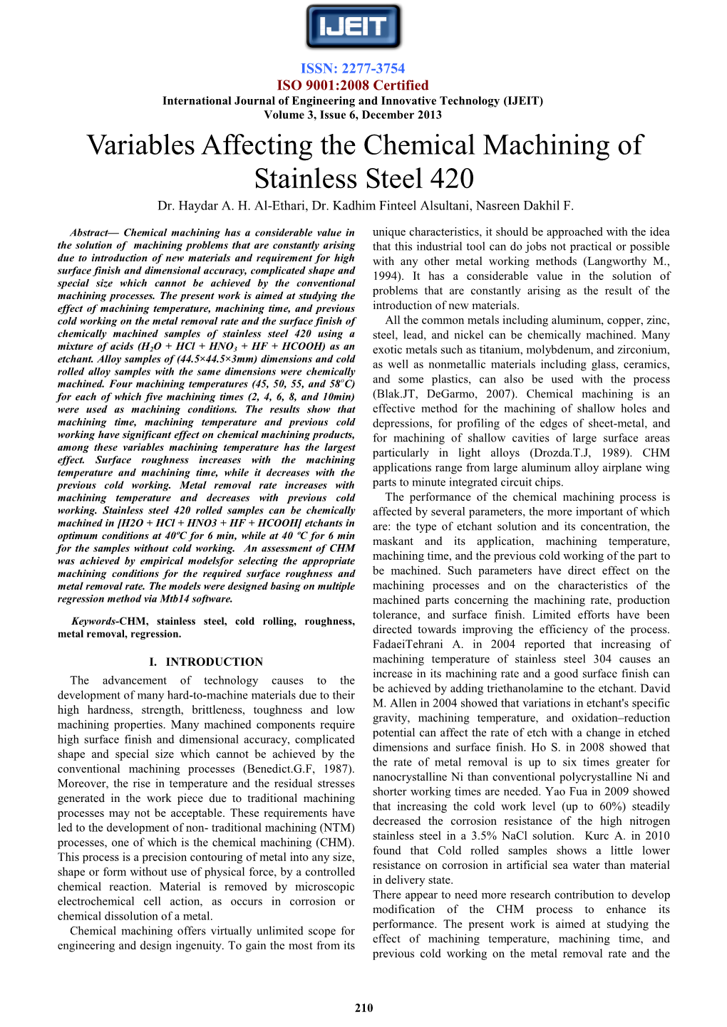 Variables Affecting the Chemical Machining of Stainless Steel 420 Dr