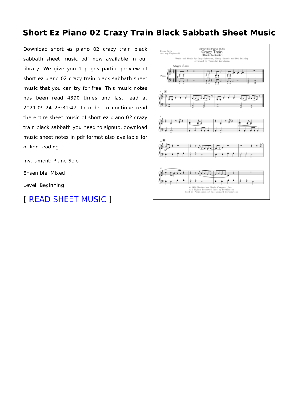 Short Ez Piano 02 Crazy Train Black Sabbath Sheet Music