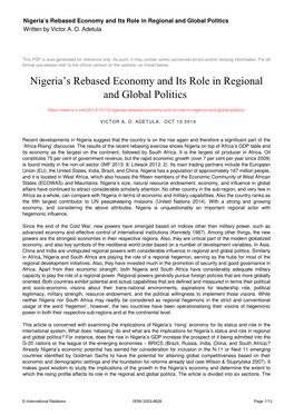 Nigeria's Rebased Economy and Its Role in Regional and Global Politics