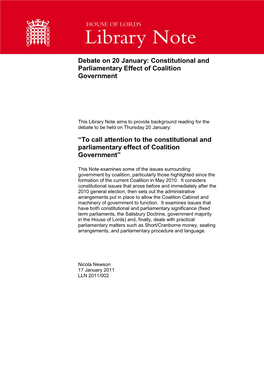 Debate on 20 January: Constitutional and Parliamentary Effect of Coalition Government