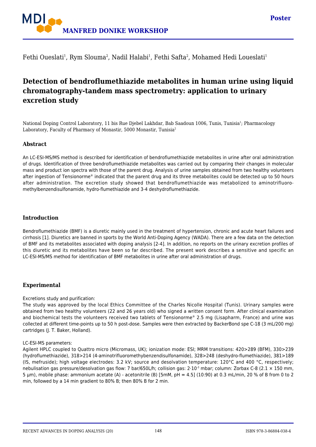 Detection of Bendroflumethiazide Metabolites in Human Urine Using Liquid Chromatography-Tandem Mass Spectrometry: Application to Urinary Excretion Study