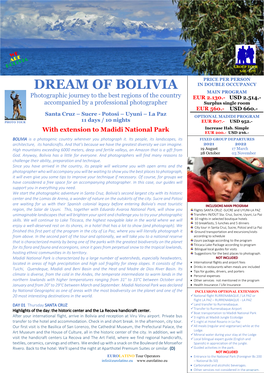 DREAM of BOLIVIA MAIN PROGRAM Photographic Journey to the Best Regions of the Country EUR 2.130.- USD 2.514