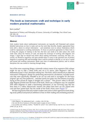 The Book As Instrument: Craft and Technique in Early Modern Practical Mathematics