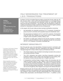 Italy Modernizes Tax Treatment of LBO Transactions