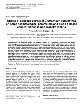 Effects of Aqueous Extract of Triplochiton Scleroxylon on Some Haematological Parameters and Blood Glucose Concentrations in Non-Diabetic Rabbits