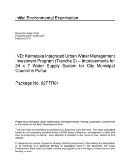 Karnataka Integrated Urban Water Management Investment Program (Tranche 2) – Improvements for 24 X 7 Water Supply System for City Municipal Council in Puttur