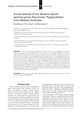 A New Species of the Aprasia Repens Species-Group (Squamata: Pygopodidae) from Western Australia Brad Maryan1,2 Ric A