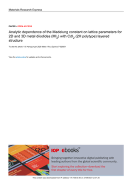 Analytic Dependence of the Madelung Constant on Lattice Parameters for 2D and 3D Metal Diiodides (MI2) with Cdi2 (2H Polytype) Layered Structure