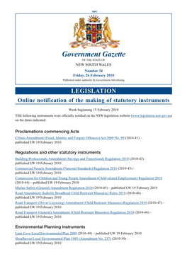 Government Gazette of the STATE of NEW SOUTH WALES Number 34 Friday, 26 February 2010 Published Under Authority by Government Advertising