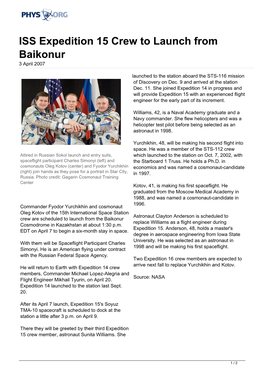 ISS Expedition 15 Crew to Launch from Baikonur 3 April 2007