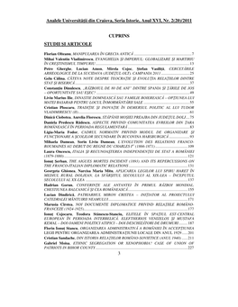 Analele Universităii Din Craiova, Seria Istorie, Anul XVI, Nr. 2(20)/2011 3 CUPRINS STUDII ŞI ARTICOLE