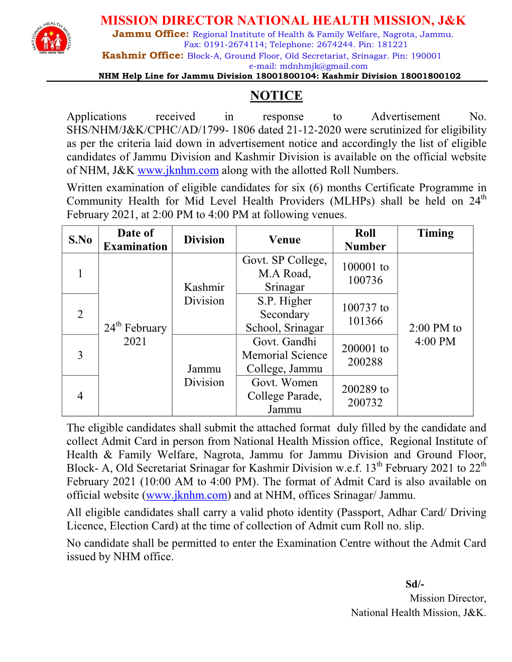 Mission Director National Health Mission, J&K Notice