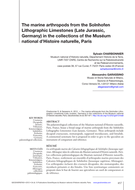 The Marine Arthropods from the Solnhofen Lithographic Limestones (Late Jurassic, Germany) in the Collections of the Muséum National D’Histoire Naturelle, Paris