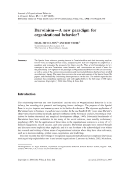 Darwinism—A New Paradigm for Organizational Behavior?