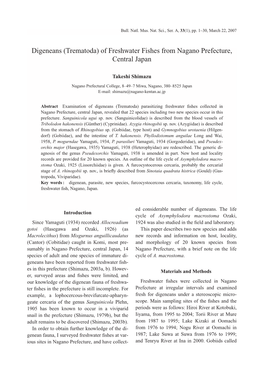 Digeneans (Trematoda) of Freshwater Fishes from Nagano Prefecture, Central Japan