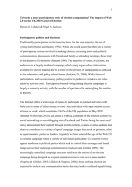 Towards a More Participatory Style of Election Campaigning? the Impact of Web 2.0 on the UK 2010 General Election