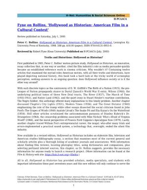 Hollywood As Historian: American Film in a Cultural Context'