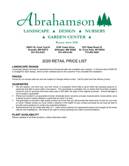 2020 RETAIL PRICE LIST LANDSCAPE DESIGN Landscape Design Services for Residential and Commercial Sites Are Available Upon Request