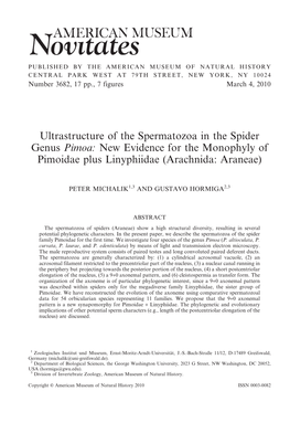 Ultrastructure of the Spermatozoa in the Spider Genus Pimoa: New Evidence for the Monophyly of Pimoidae Plus Linyphiidae (Arachnida: Araneae)
