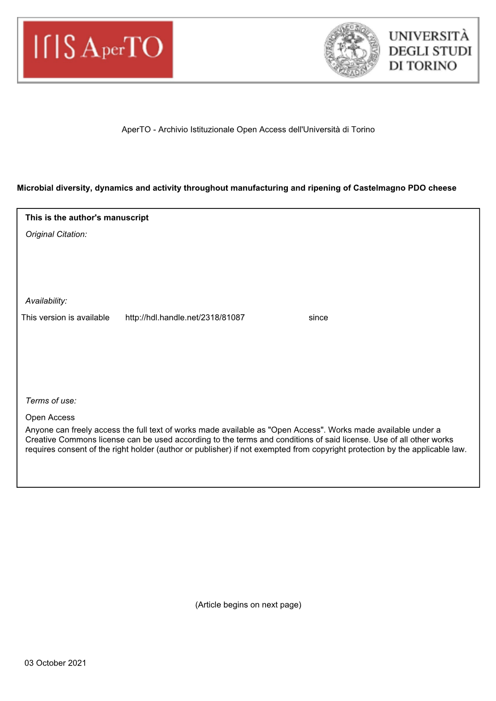 Microbial Diversity, Dynamics and Activity Throughout Manufacturing and Ripening of Castelmagno PDO Cheese